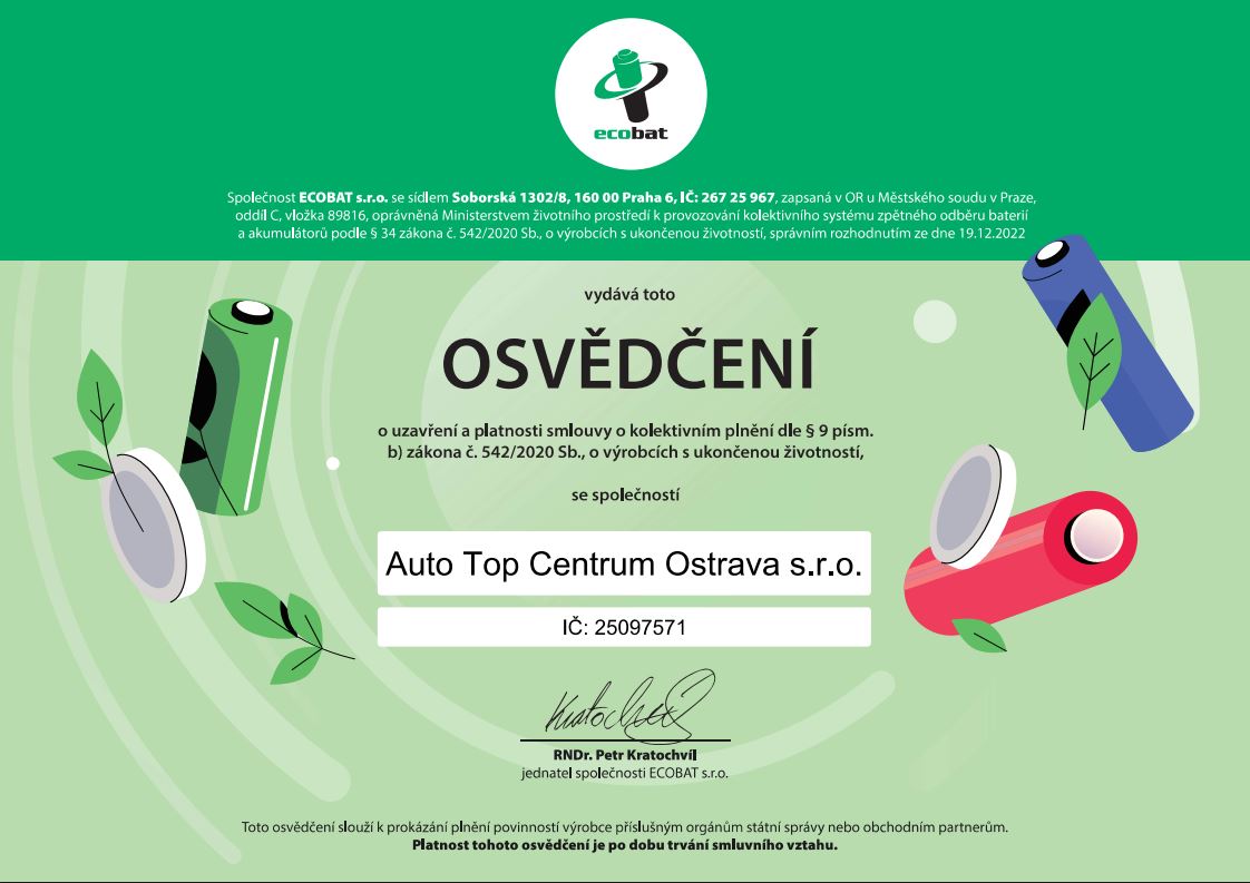 Osvědčení společnosti Auto Top Centrum Ostrava s.r.o. v systému ECOBAT
