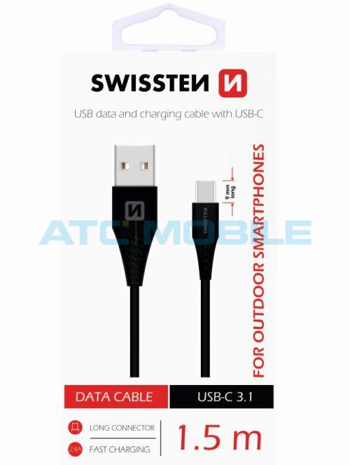 Kabel SWISSTEN USB-C (3.1, 1,5m) černý (9mm) pro odolné telefony Kabel SWISSTEN USB-C (3.1, 1,5m) černý (9mm) pro odolné telefony